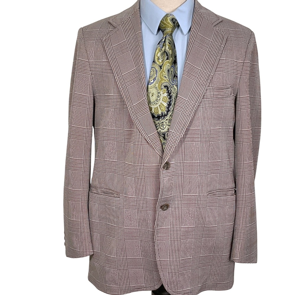 John Blair Blazer Men 40 Red Brown Black Glen Plaid Sport Coat Leisure Retro 70s